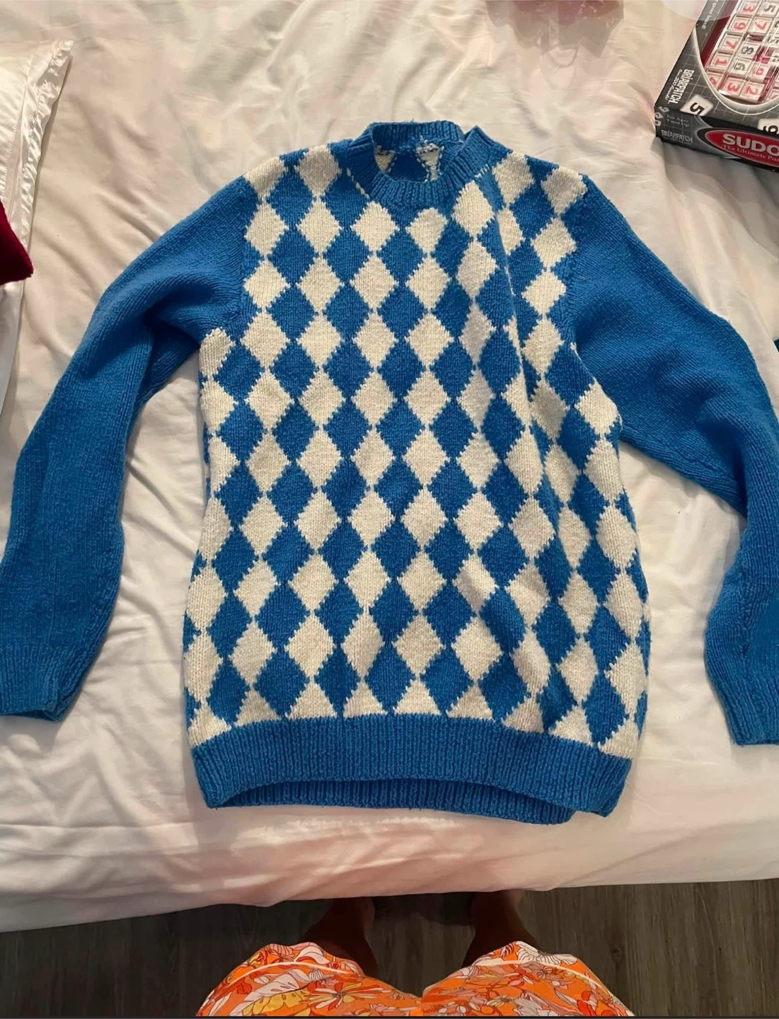 Blue and White Argyle Sweater ladies S