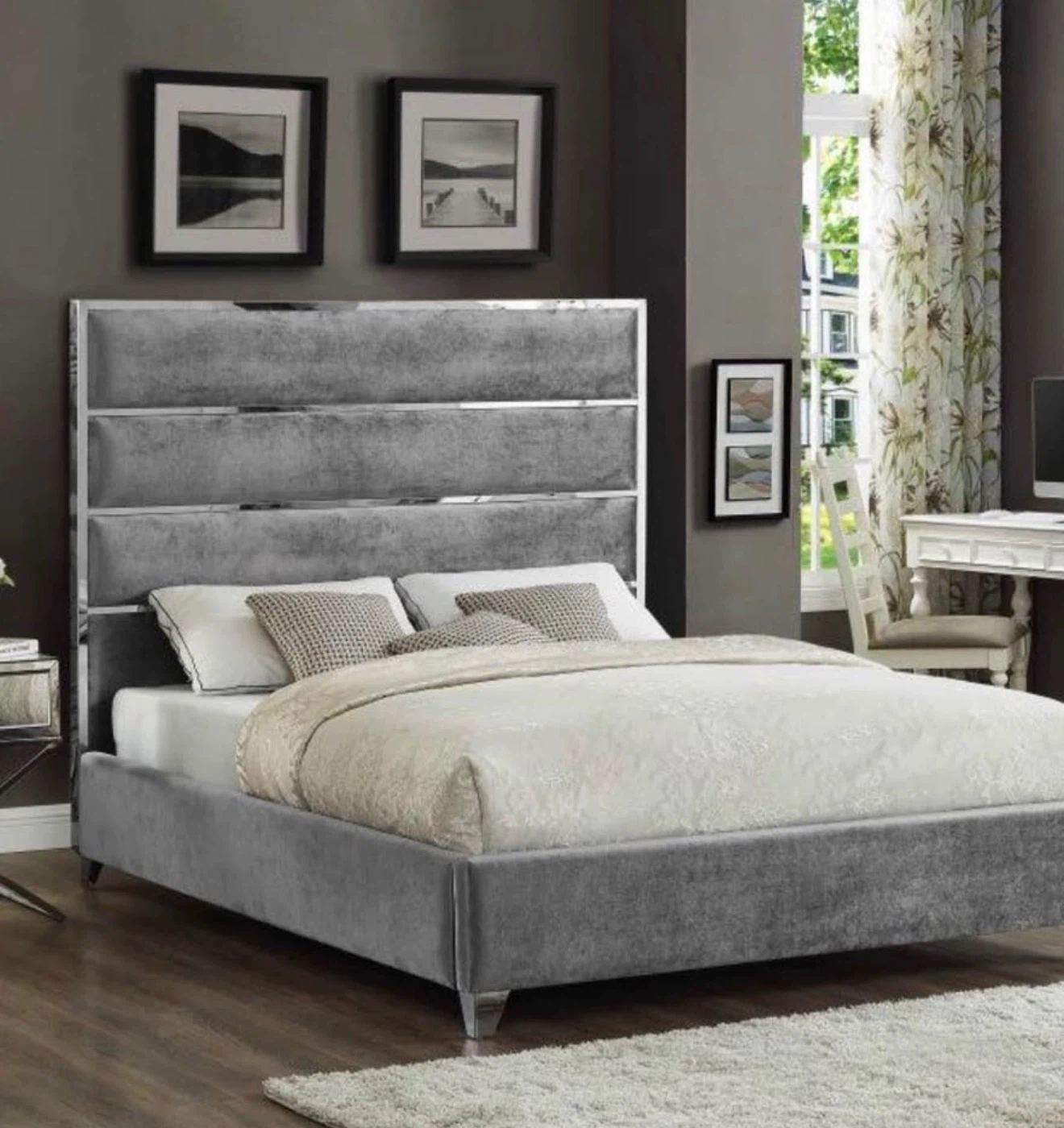 Grey Velvet Storage Bed Frame with Silver Accents