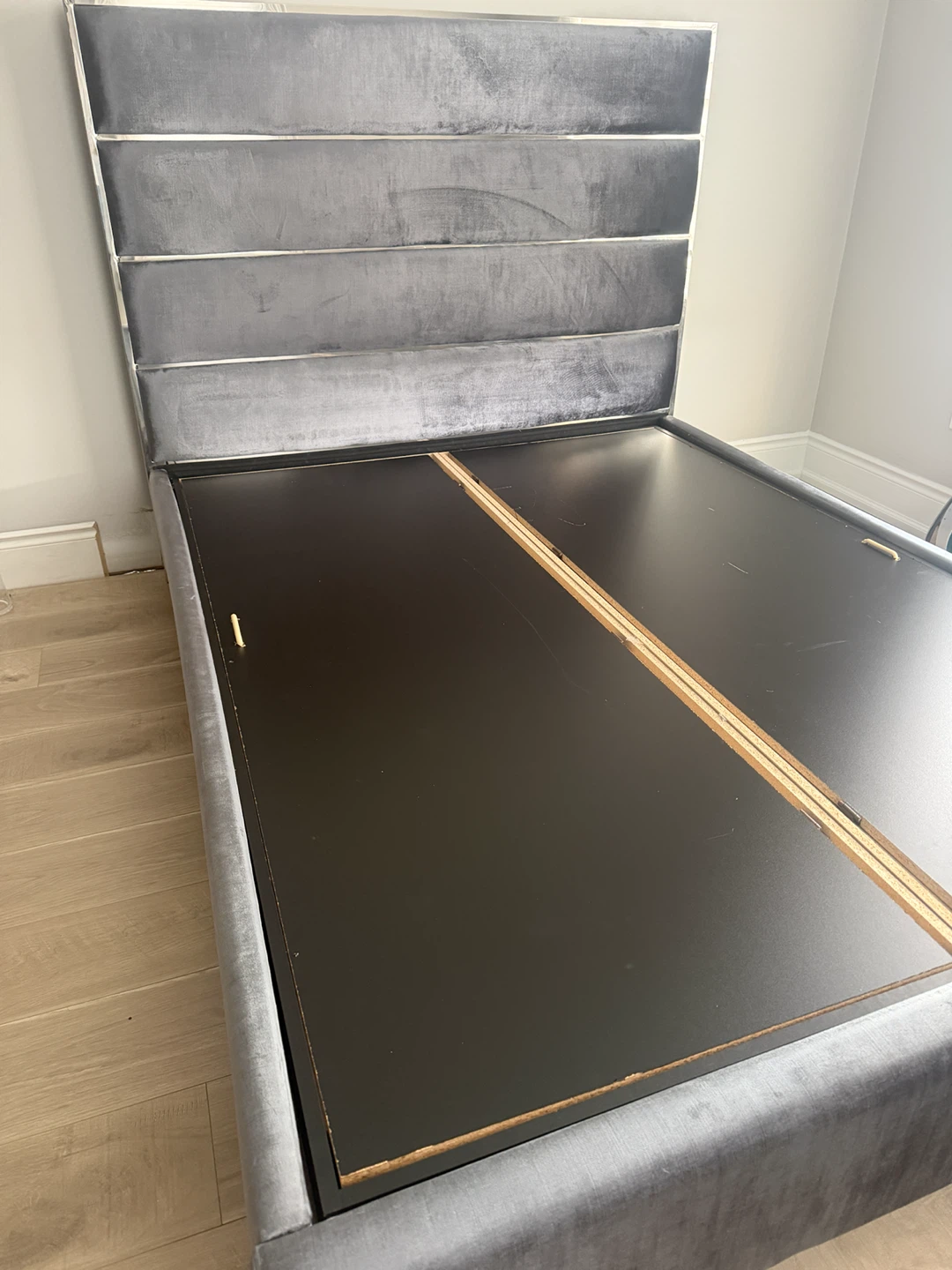 Grey Velvet Storage Bed Frame with Silver Accents - photo 3
