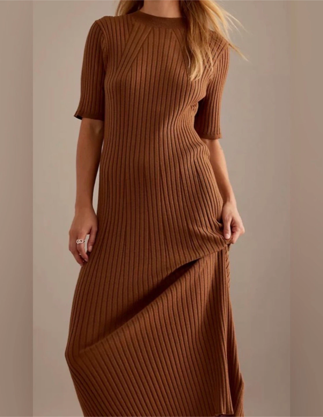 Varley Maeve ribbed dress, soft and stretchy, nutmeg, S