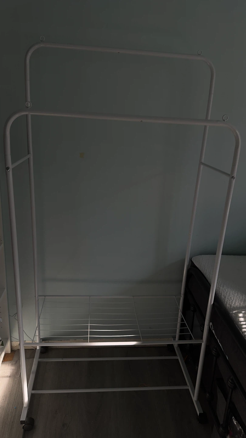 White Rolling Garment Rack with Shelf