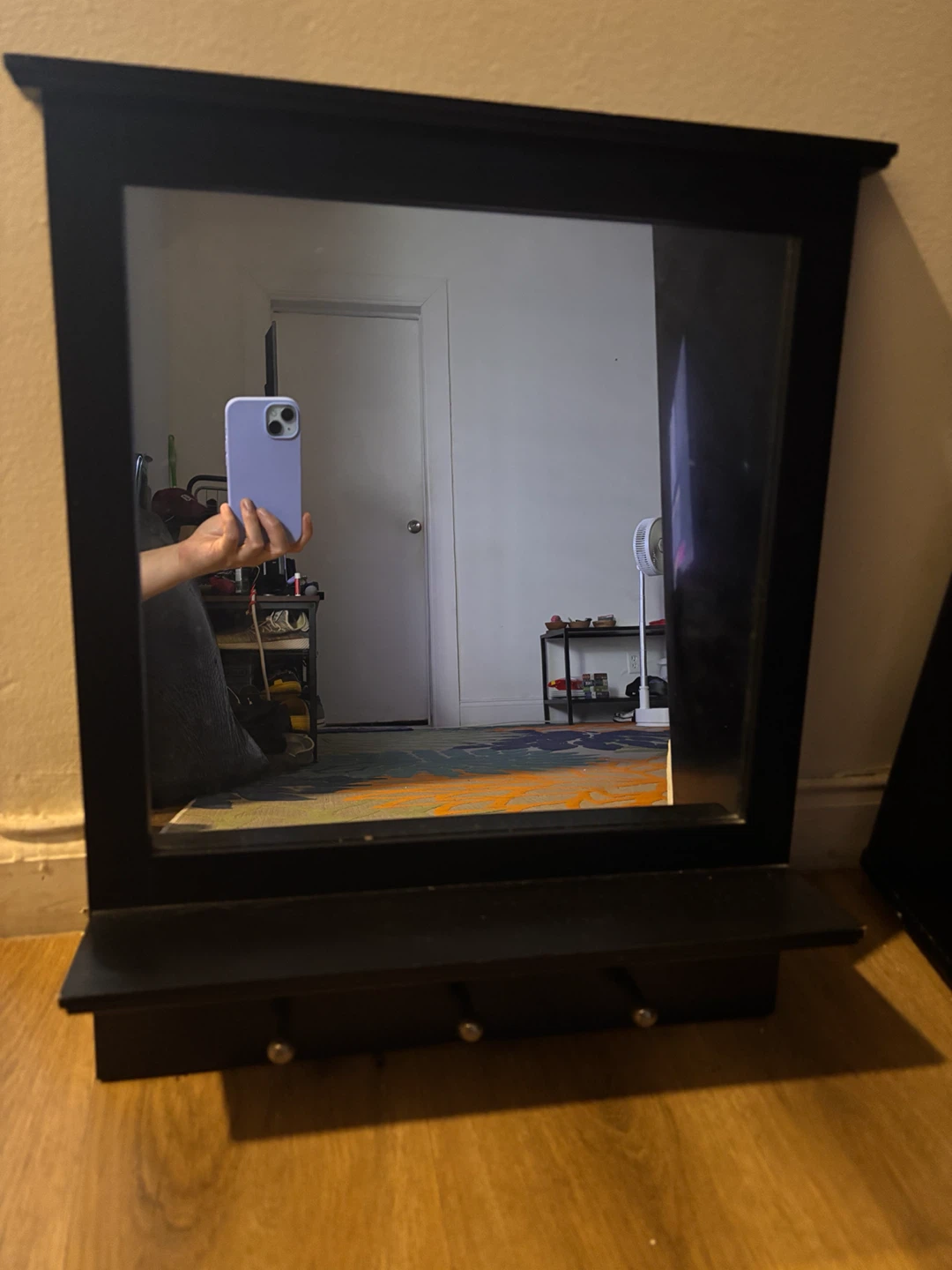 Black Wall Mirror with Shelf and Hooks