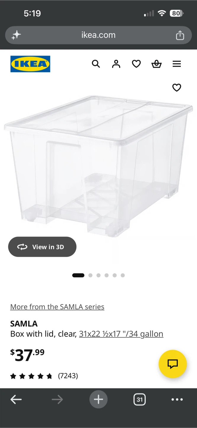 IKEA SAMLA Box with Lid - Clear - 34 Gallon