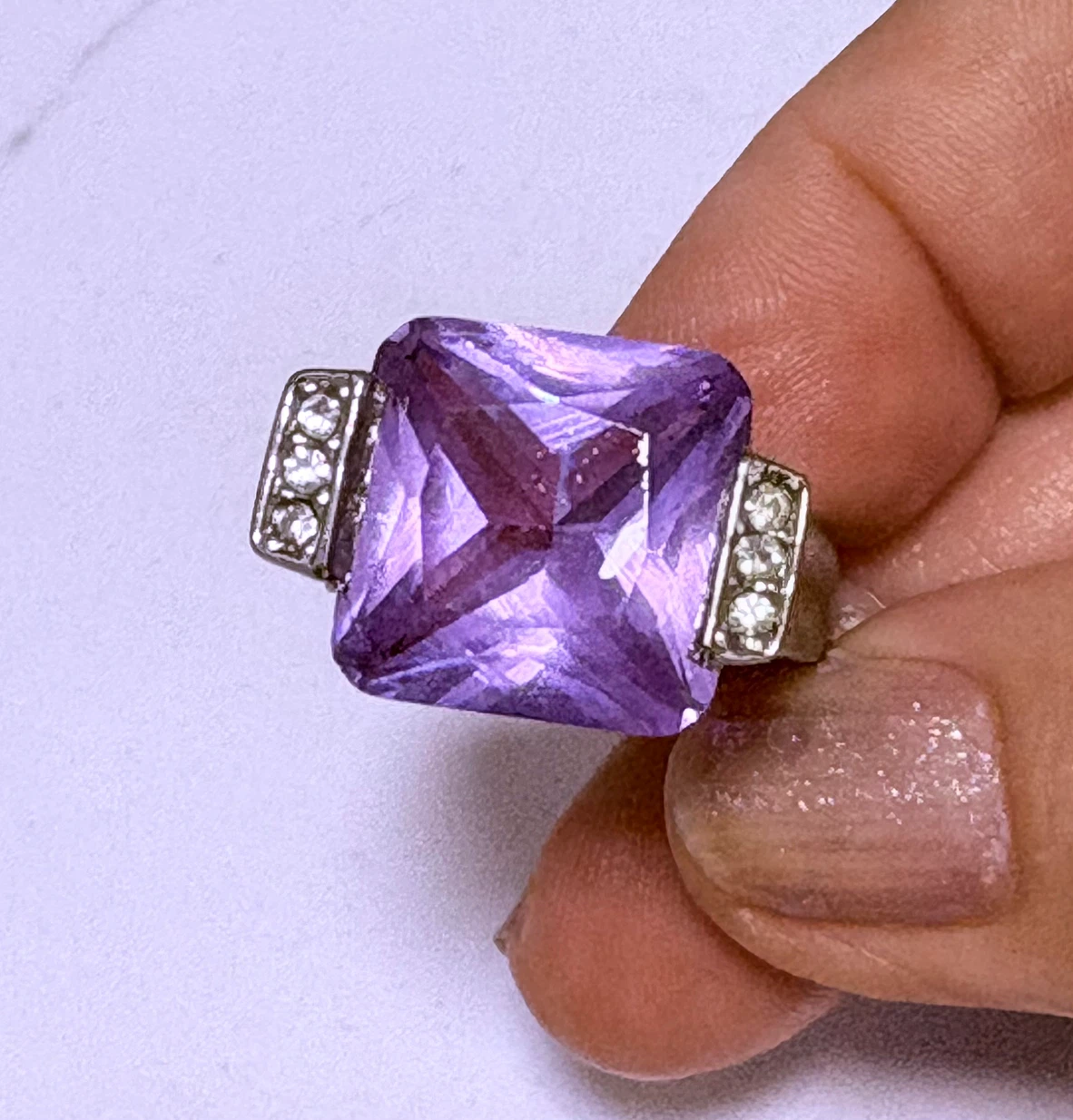 Art deco style large purple glass ring size 8