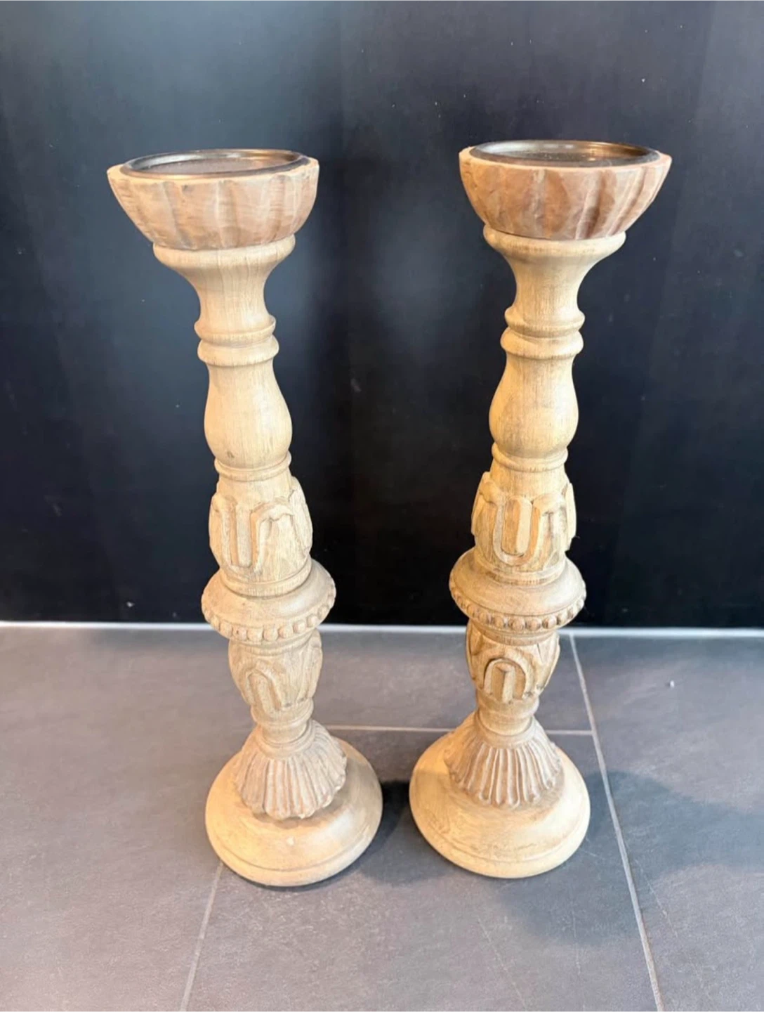 Set of 2 Carved Wooden Candle Holders