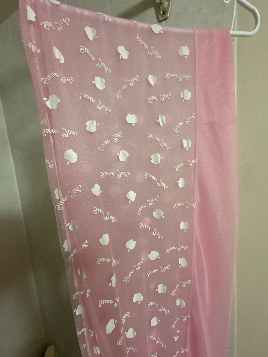 Pink Sheer Scarf with White Appliques and Tassel Trim