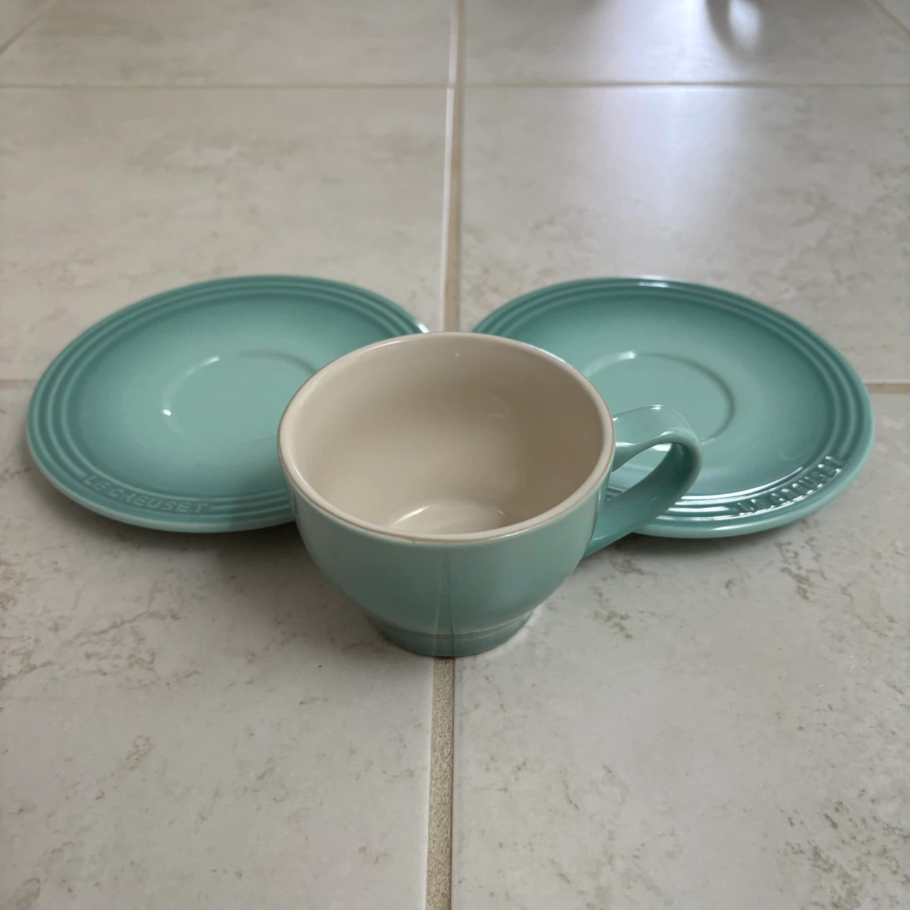 Le creuset cappuccino cup coffee mug saucer plate set sage green