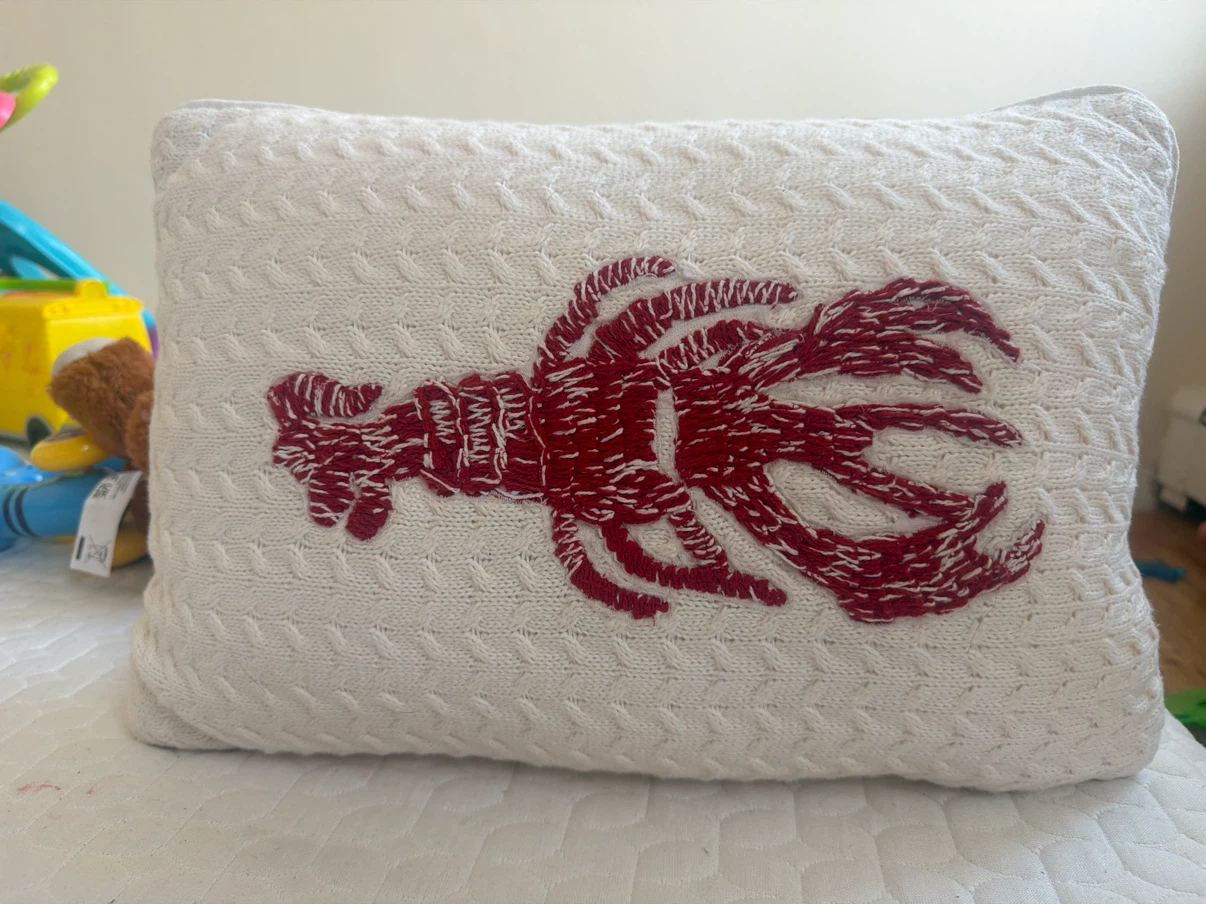 White Throw Pillow with Red Lobster Embroidery