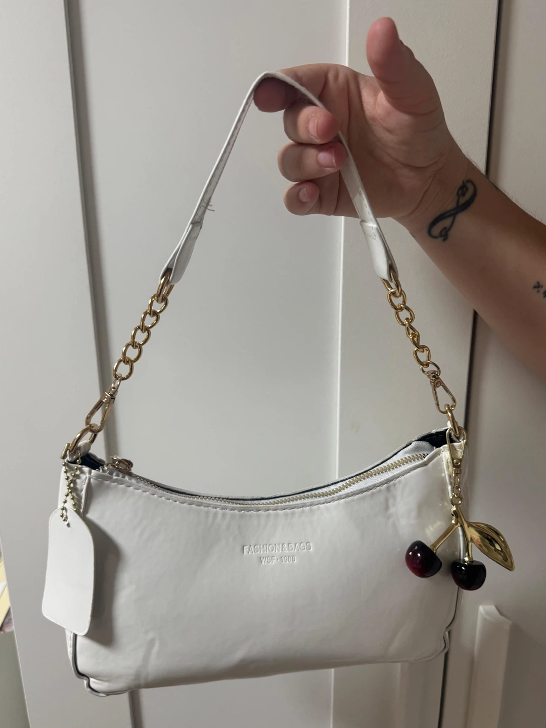 Fashion & Bags White Shoulder Bag with Cherry Charm