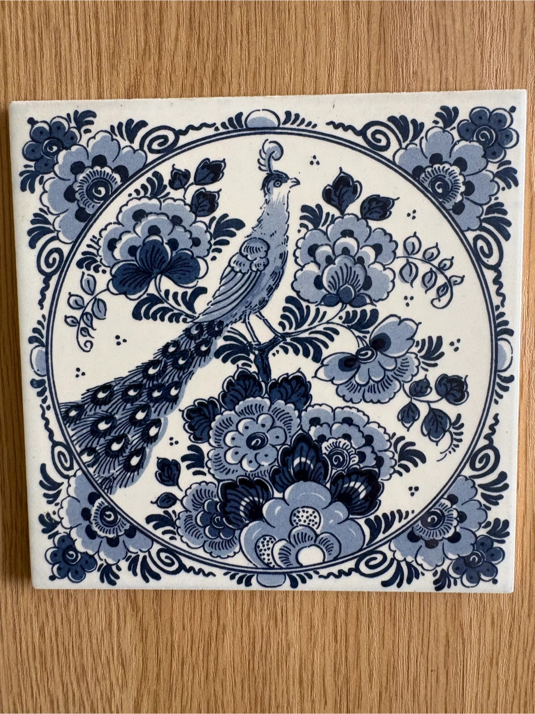 Hand-Painted Delft Blue Peacock Tile - Made in Holland