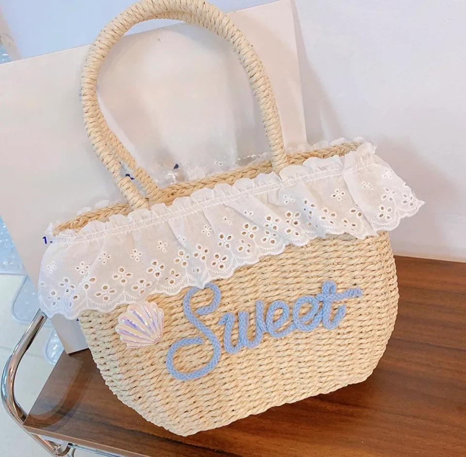 Straw Tote Bag with "Sweet" Embroidery and Lace Trim