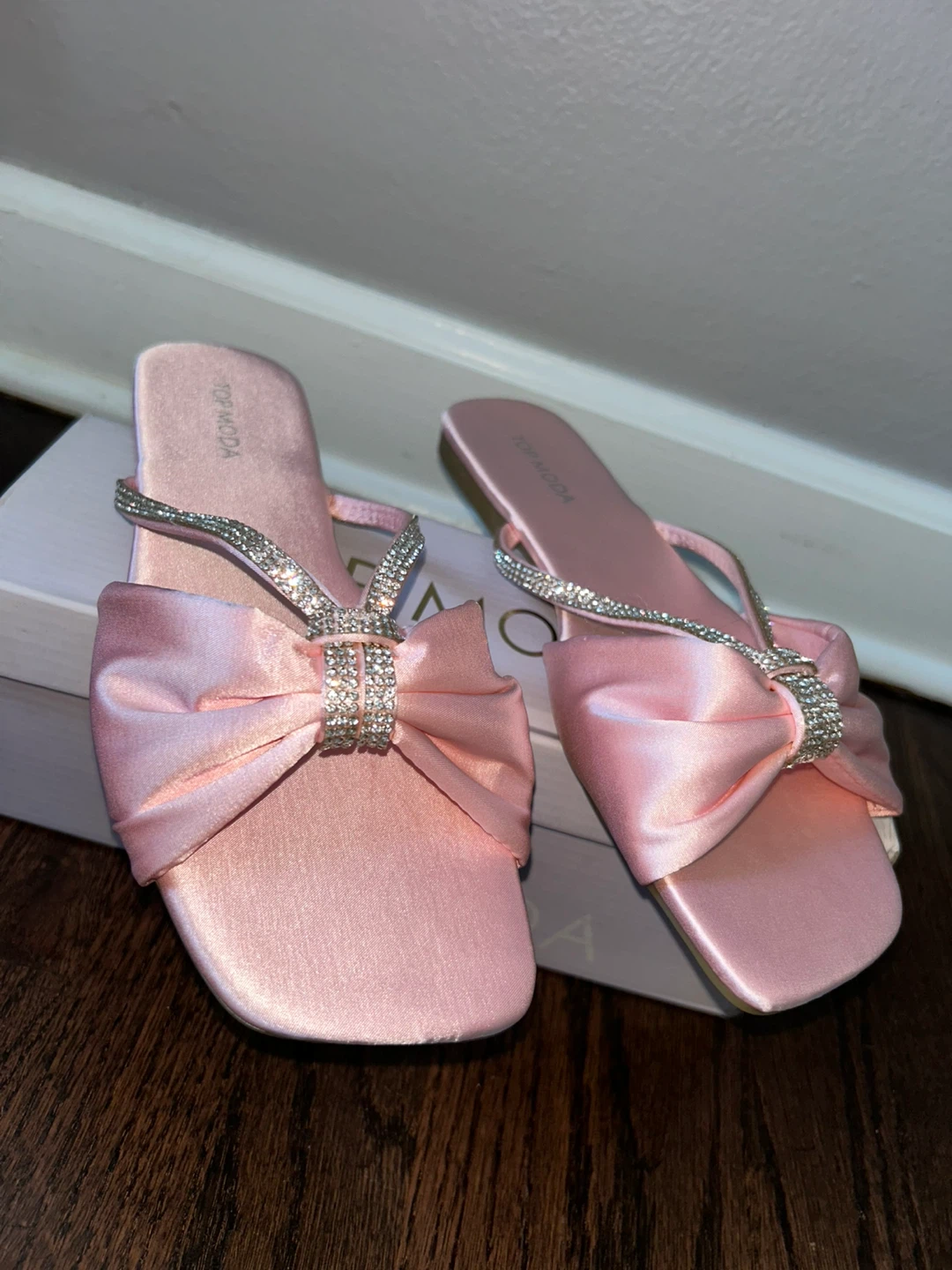TOPMODA Pink Bow Slide Sandals with Rhinestones