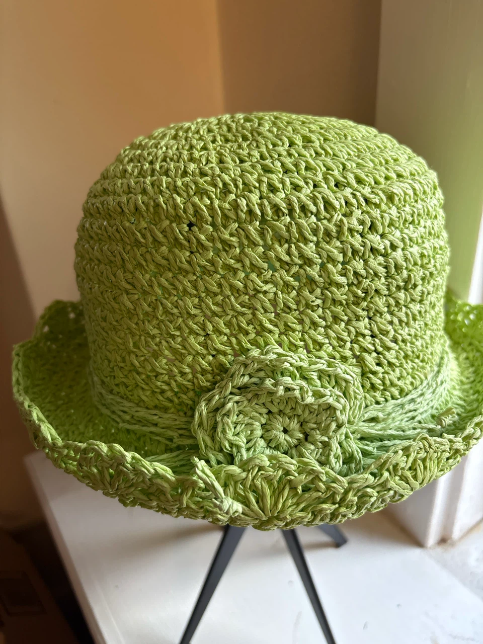 Lime Green Crochet Bucket Hat with Flower Accent