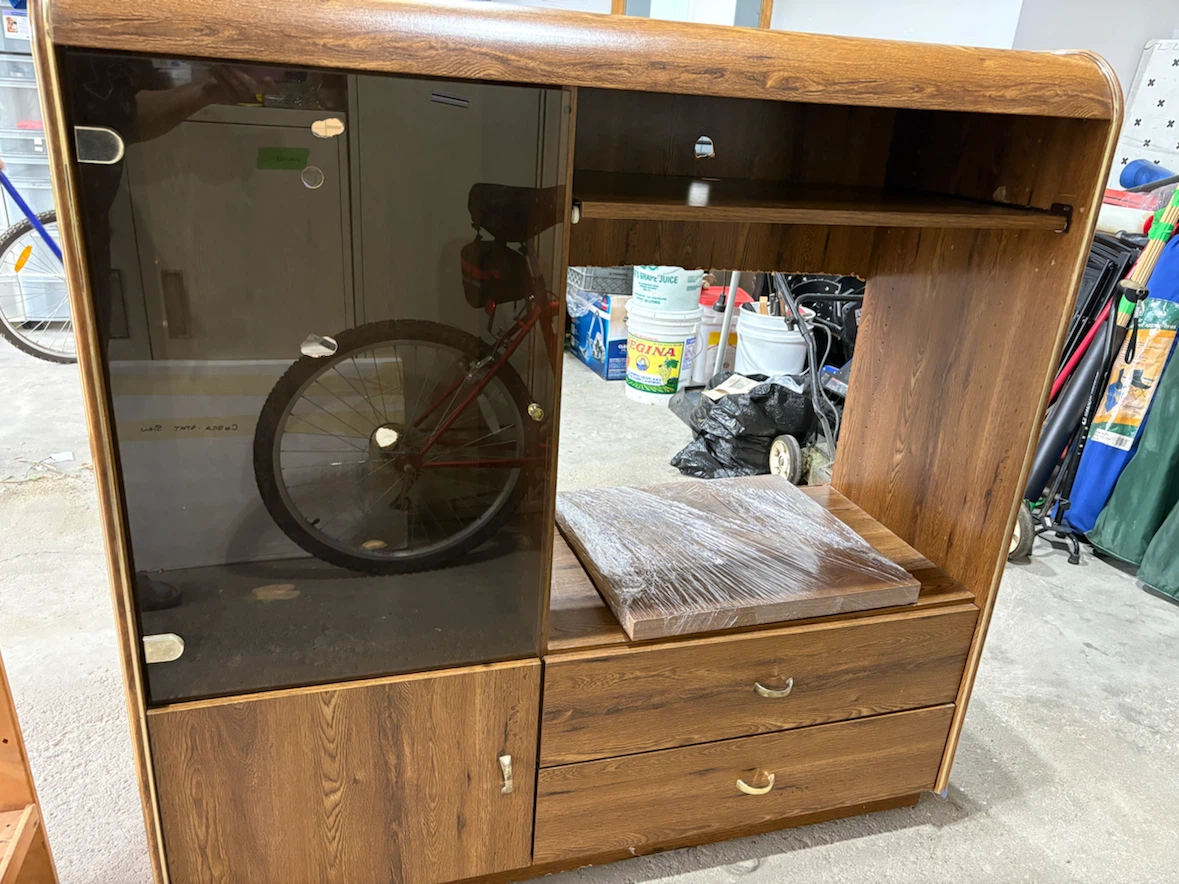 Wooden Media Console with Glass Door and Drawers