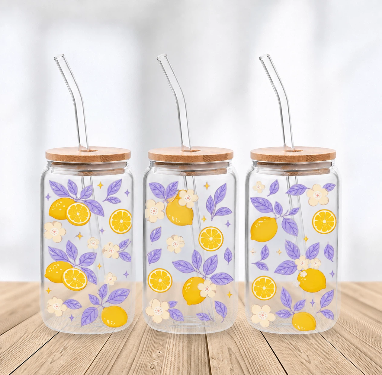 Lemon Pattern Glass Tumbler with Bamboo Lid and Straw - photo 2