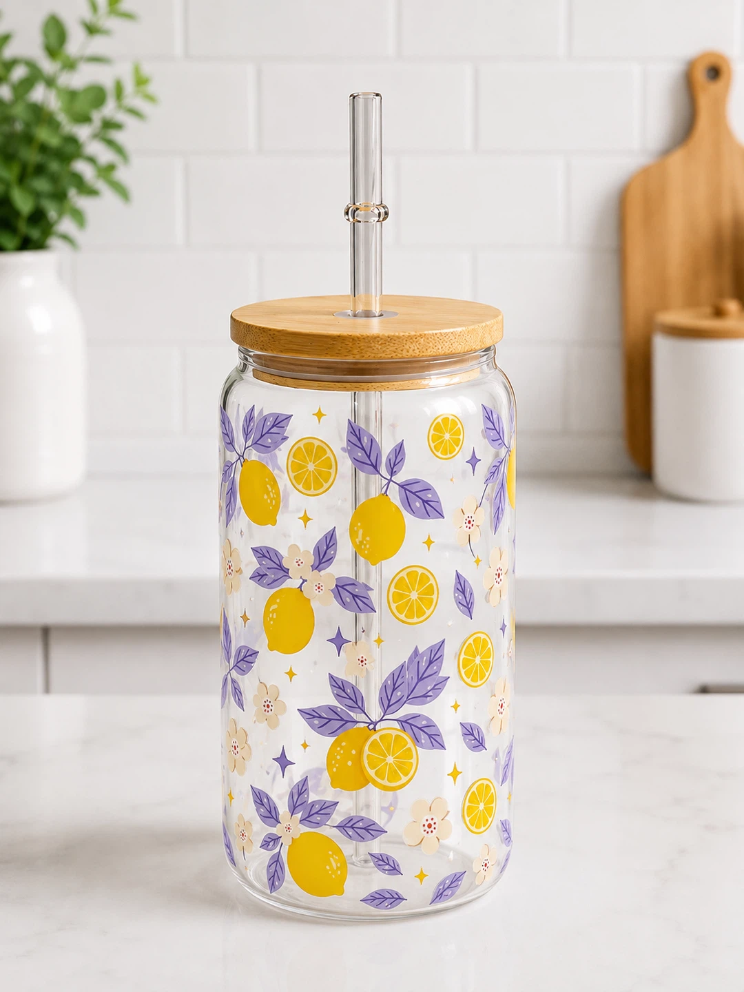 Custom Glass Tumbler with Lemon & Floral Design