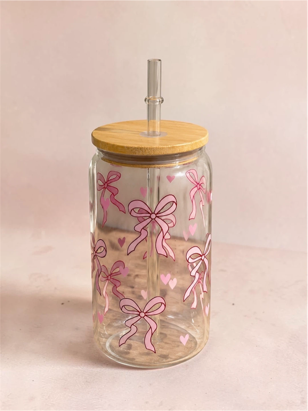 Custom Glass Tumbler with Bow Design and Bamboo Lid