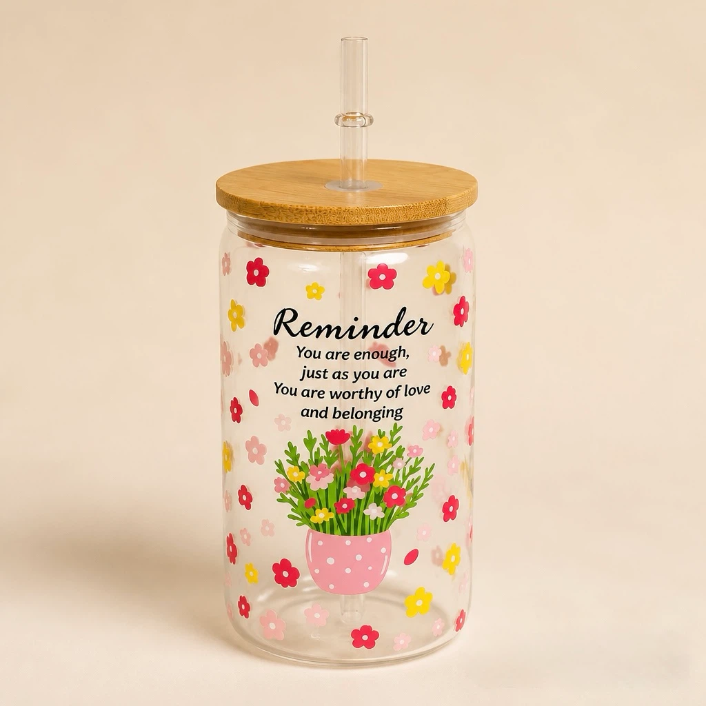 Custom Glass Tumbler with Straw and Bamboo Lid