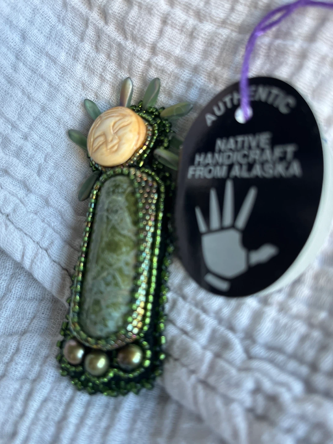 Handmade Green Jasper Sun Face Brooch