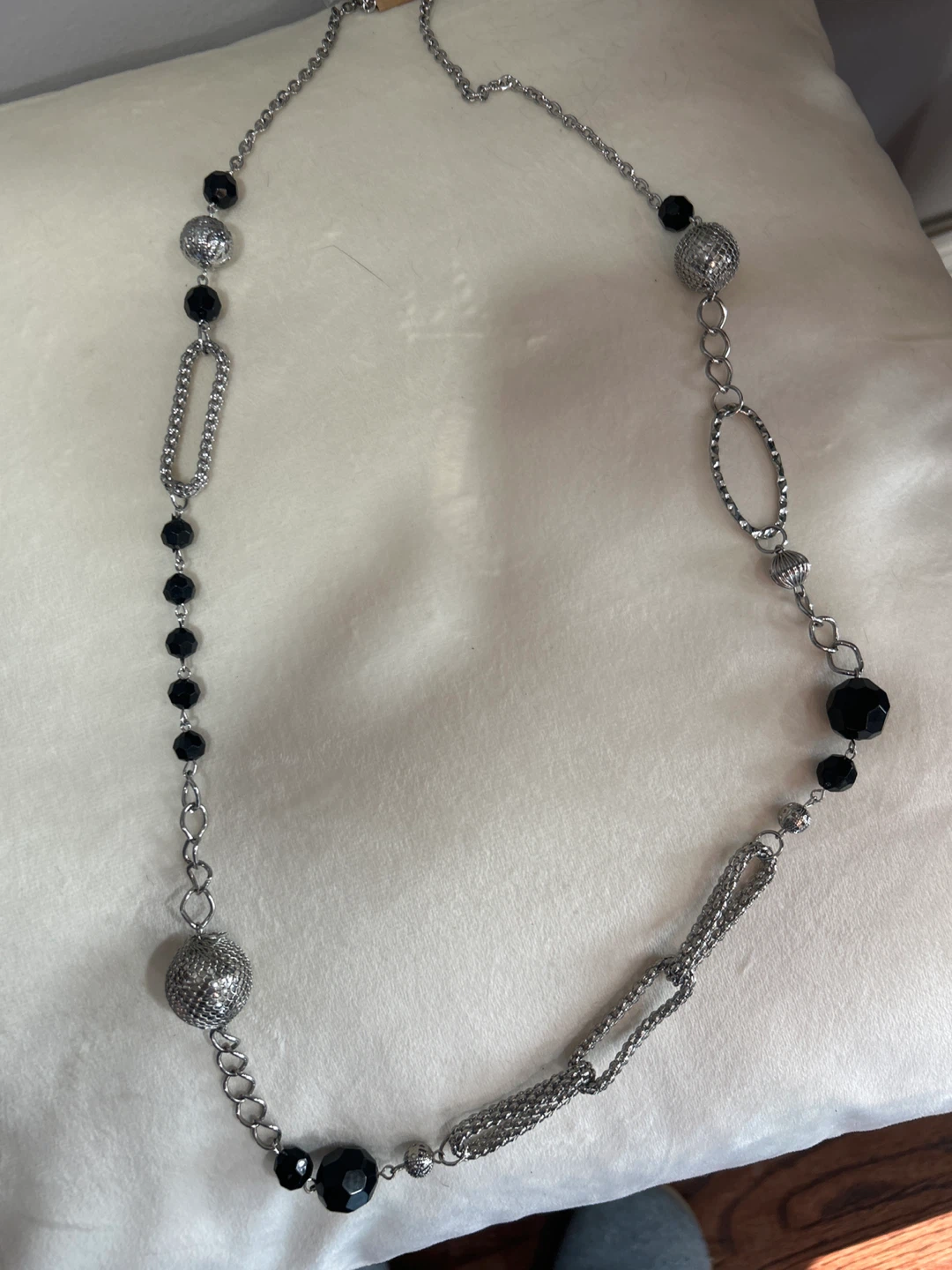 Long Silver-Tone and Black Beaded Necklace