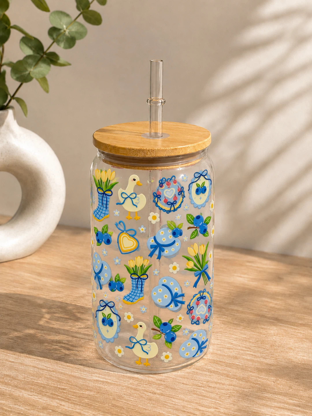 Glass Tumbler with Bamboo Lid and Straw