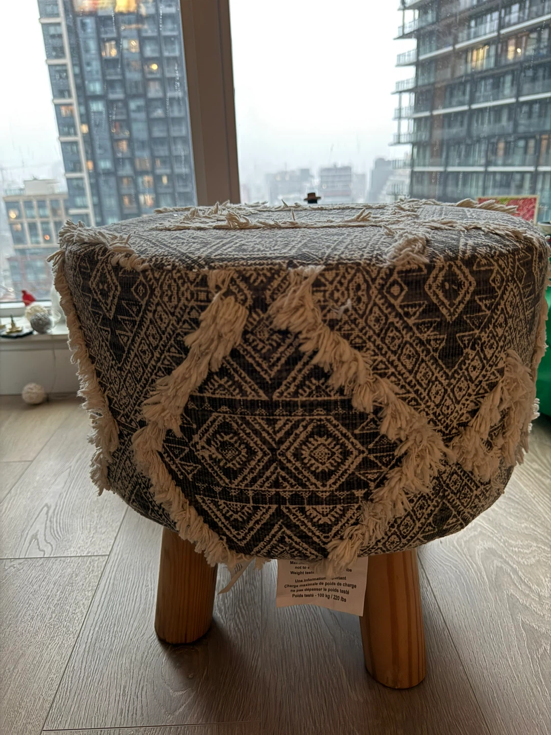 Boho Woven Fabric Stool with Wooden Legs