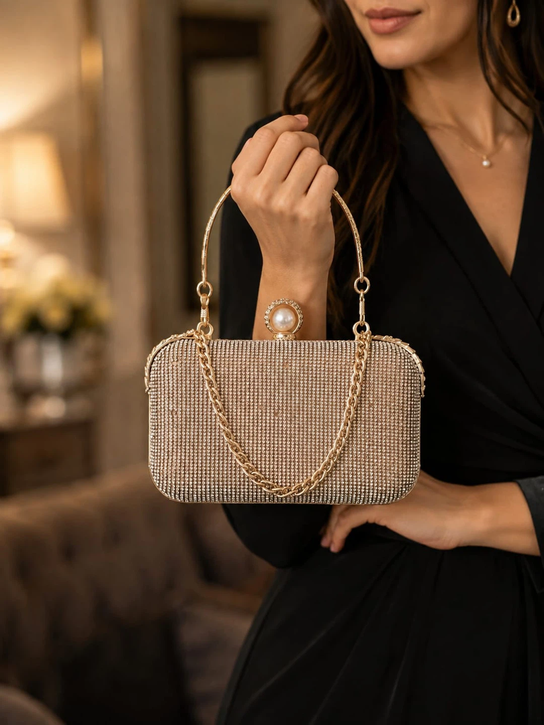 Gold Rhinestone Evening Clutch with Pearl Clasp