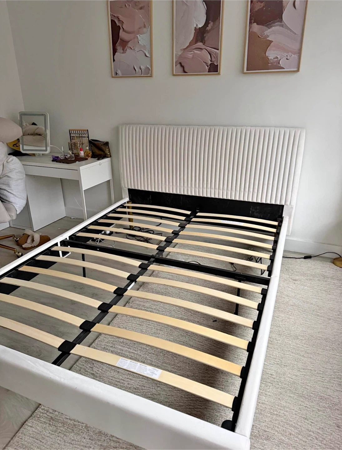 White Upholstered Bed Frame with Tufted Headboard