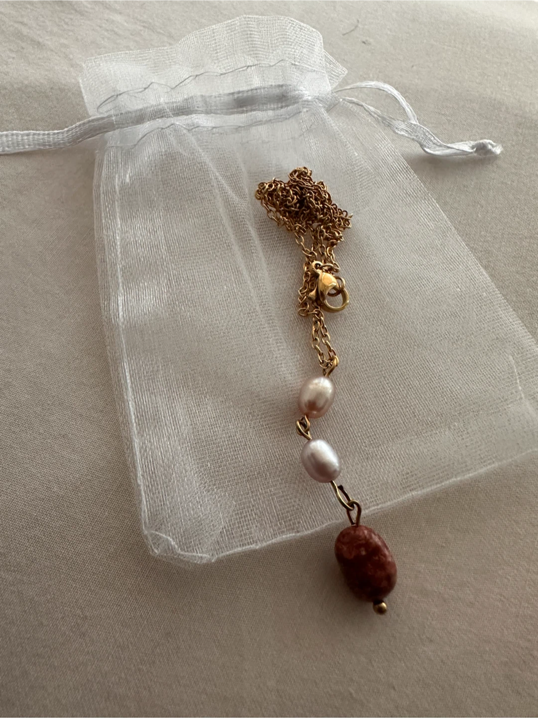 Gold-tone Necklace with Pearls and Stone Pendant - photo 2