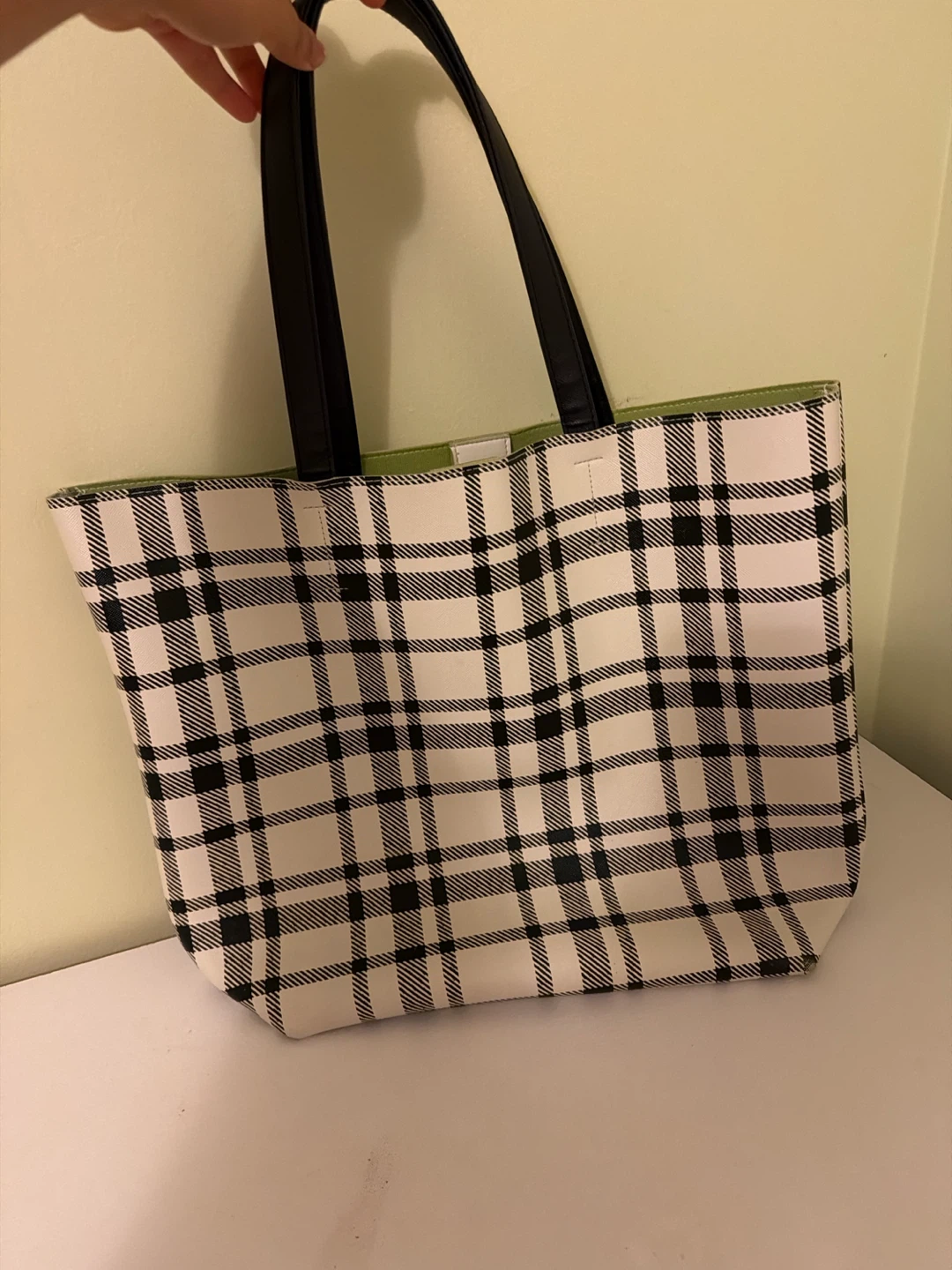Plaid Tote Bag with Green Interior