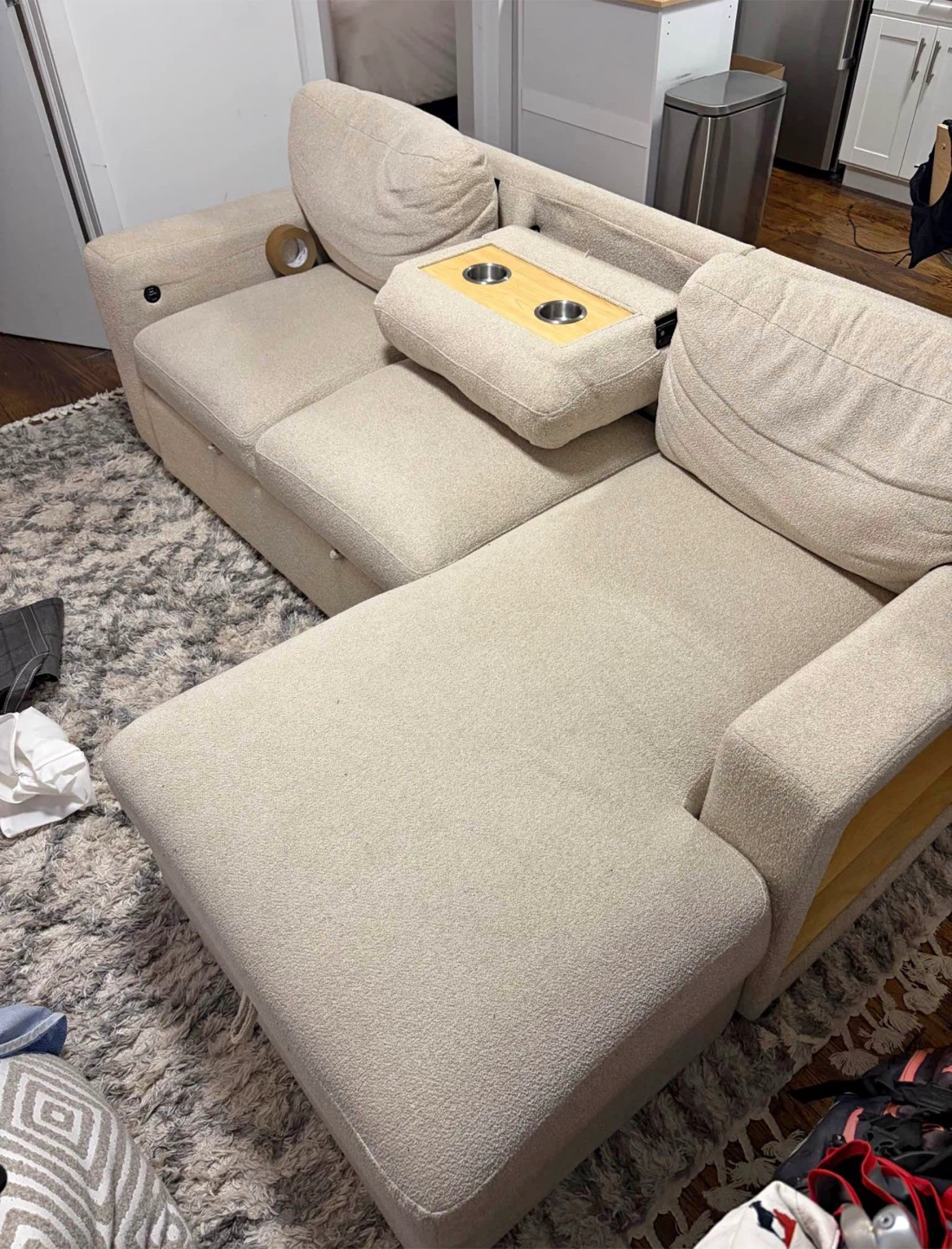 Light Beige Sectional Sofa with Built-in Cup Holders