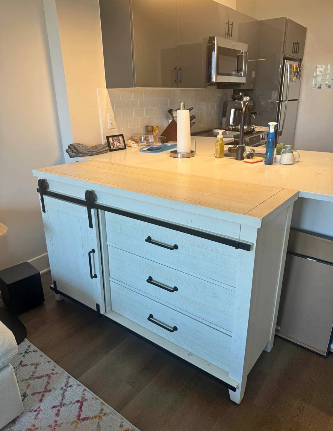 White Barn Door Kitchen Island with Drawers
