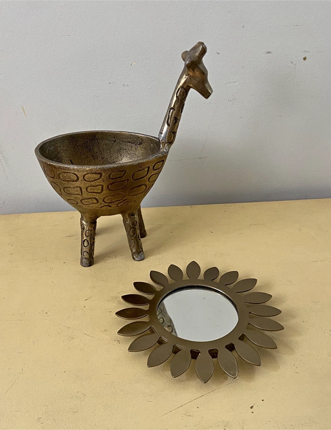 Brass Giraffe Trinket Dish and Sunburst Mirror Set