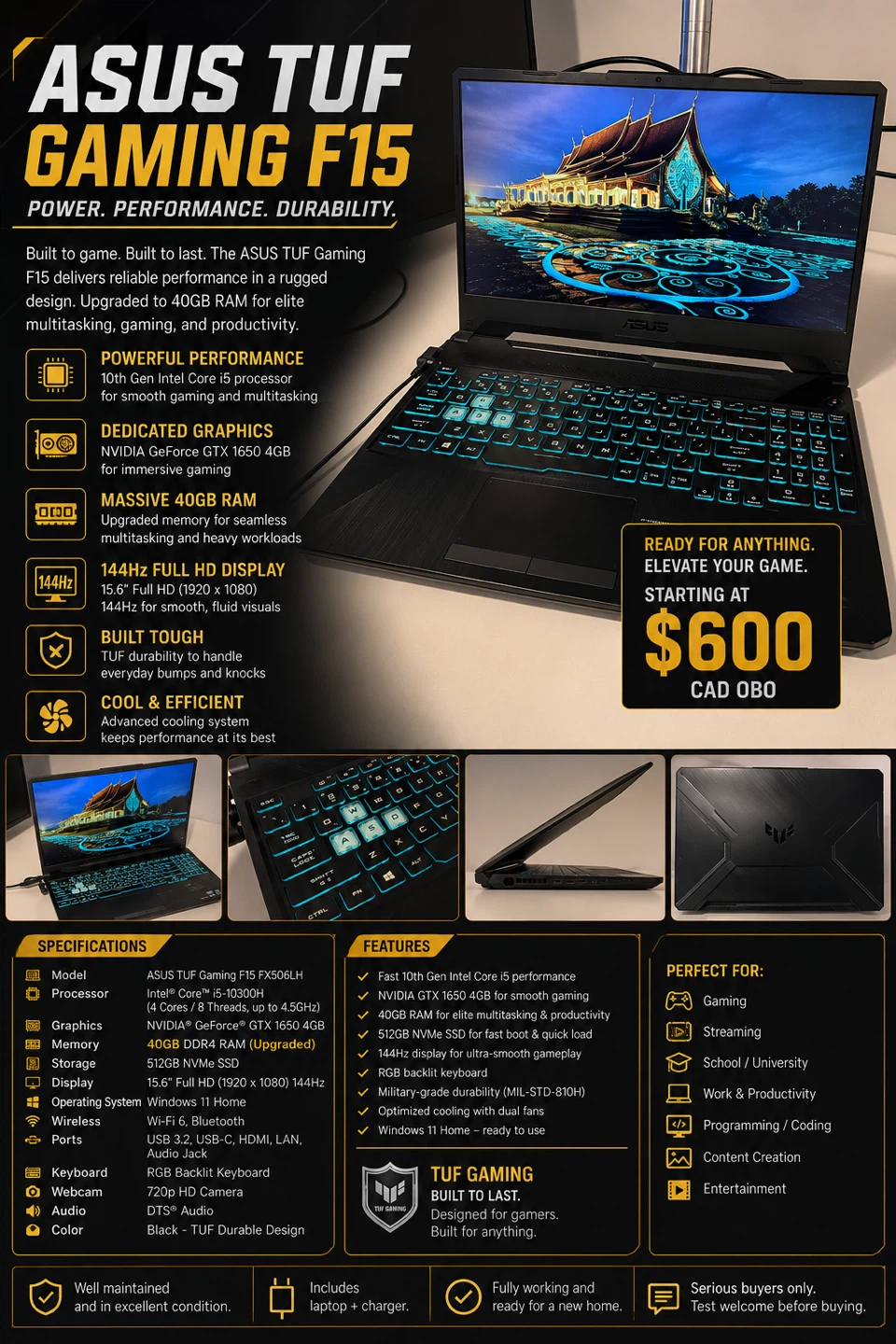 ASUS TUF Gaming F15 | GTX 1650 4GB | 40GB RAM | 512GB NVMe SSD