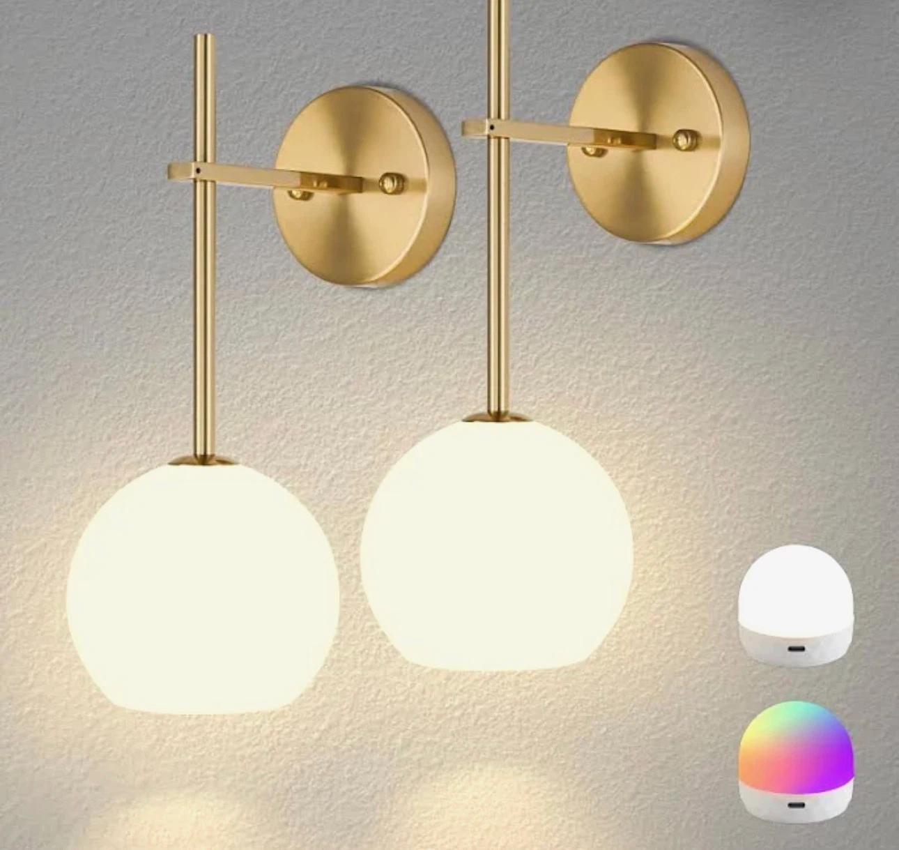 2 x Modern Gold Globe Wall Sconces - RGB Color Changing
