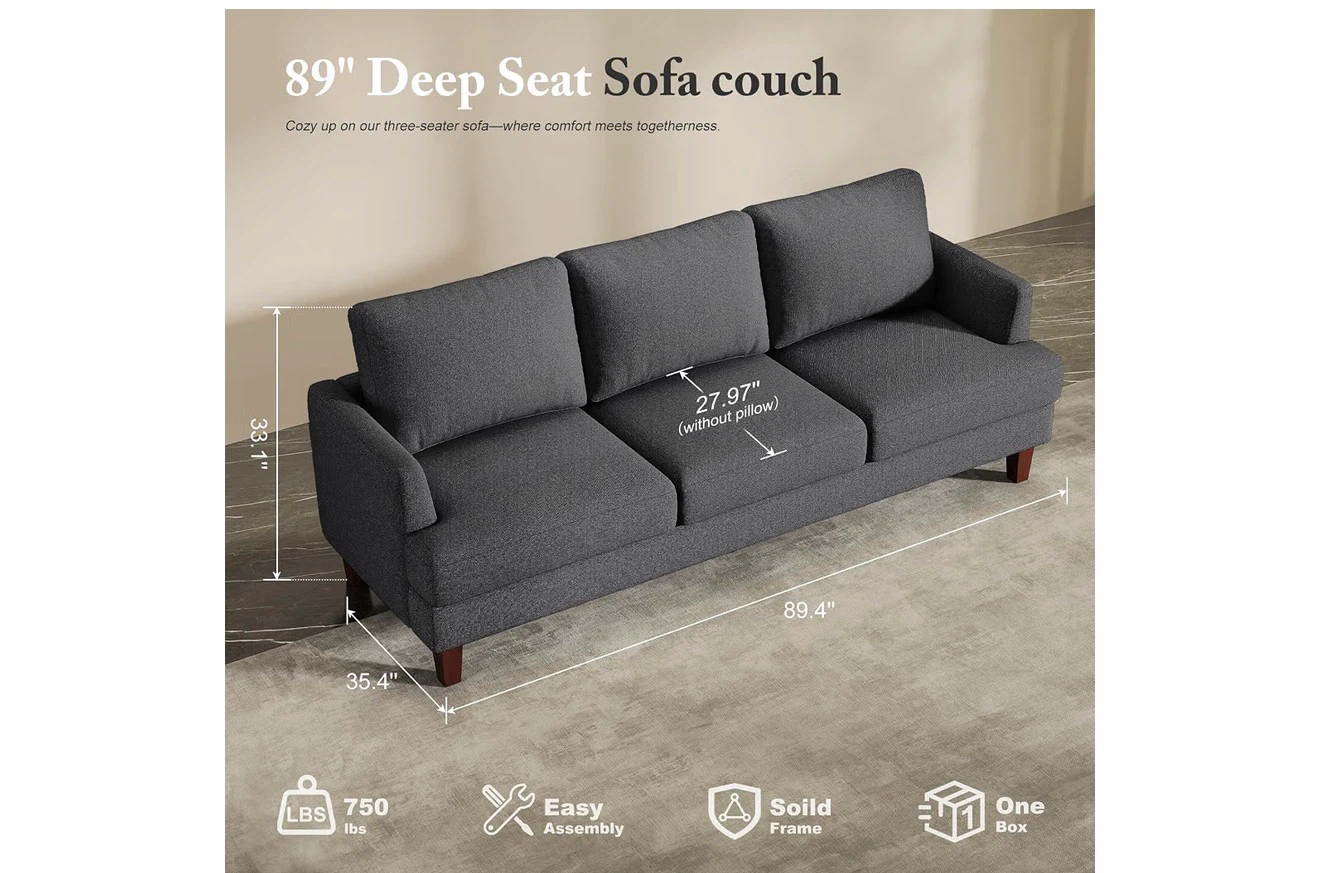 Grey 3-Seater Sofa Couch 89" Long - photo 2