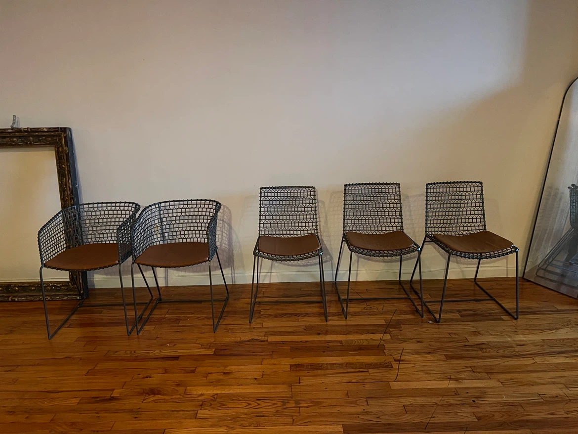 Set of 5 Metal mesh dining chairs with leather seat