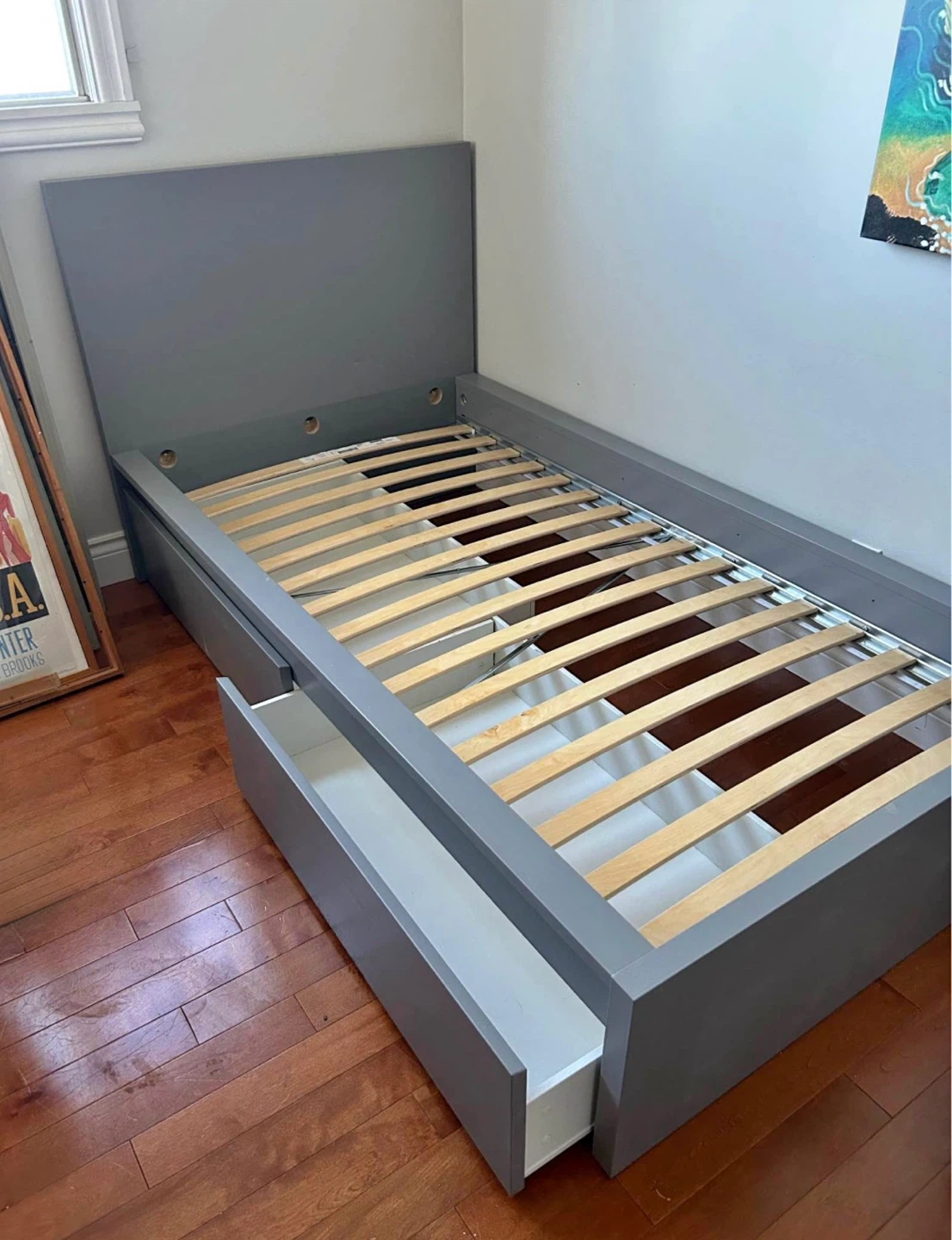IKEA twin bed frame with drawers in grey colour
