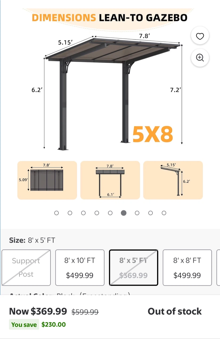 Lean-To Gazebo 8' x 5'/ outdoor Shed Canopy