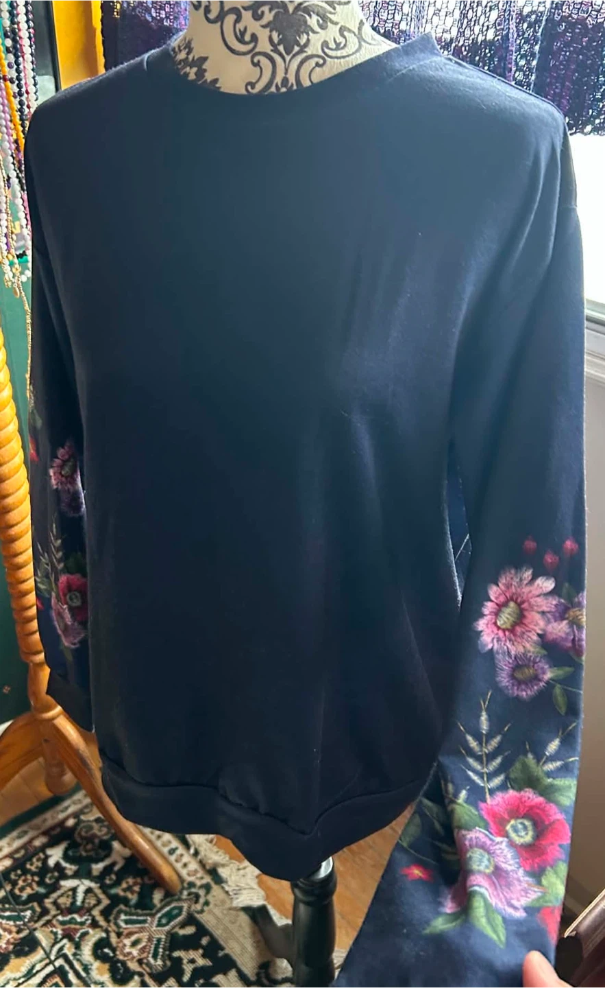 Navy Blue Sweatshirt with Floral Embroidered Sleeves