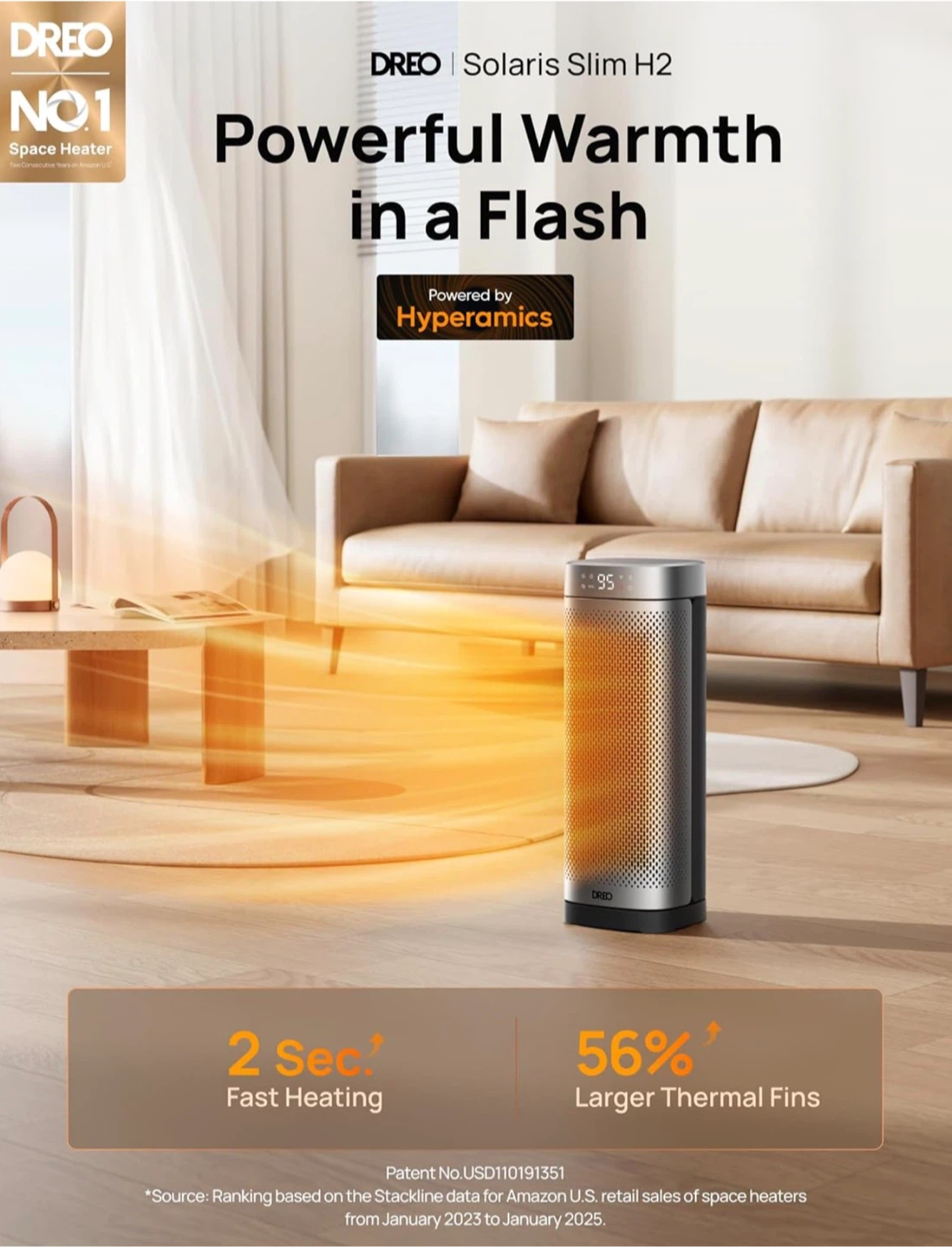 DREO Solaris Slim H3A Space Heater – 1500W - photo 2