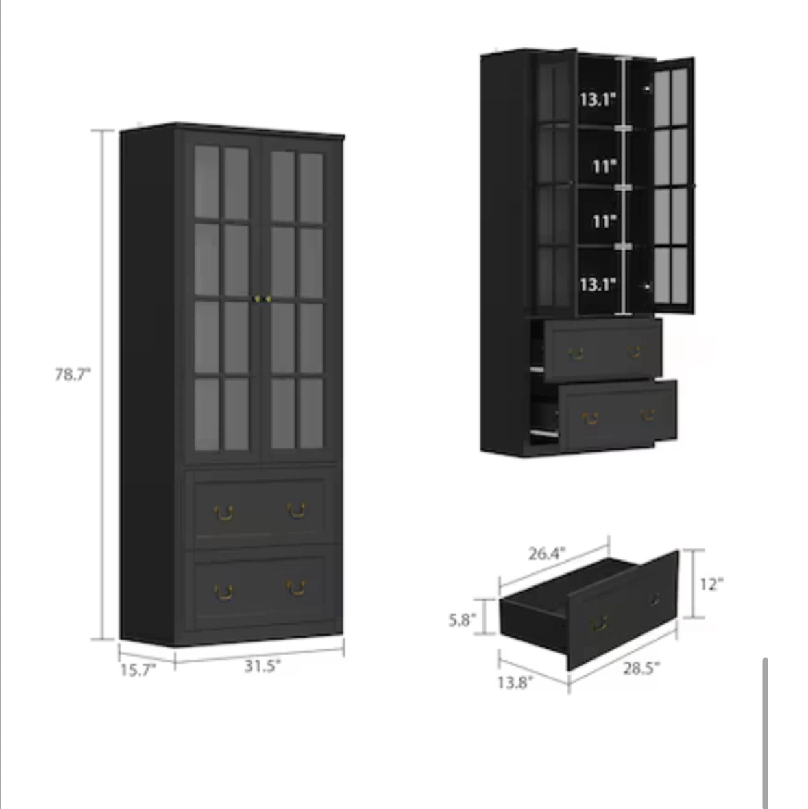 Dark Grey Tall Cabinet with Glass Doors and Drawers