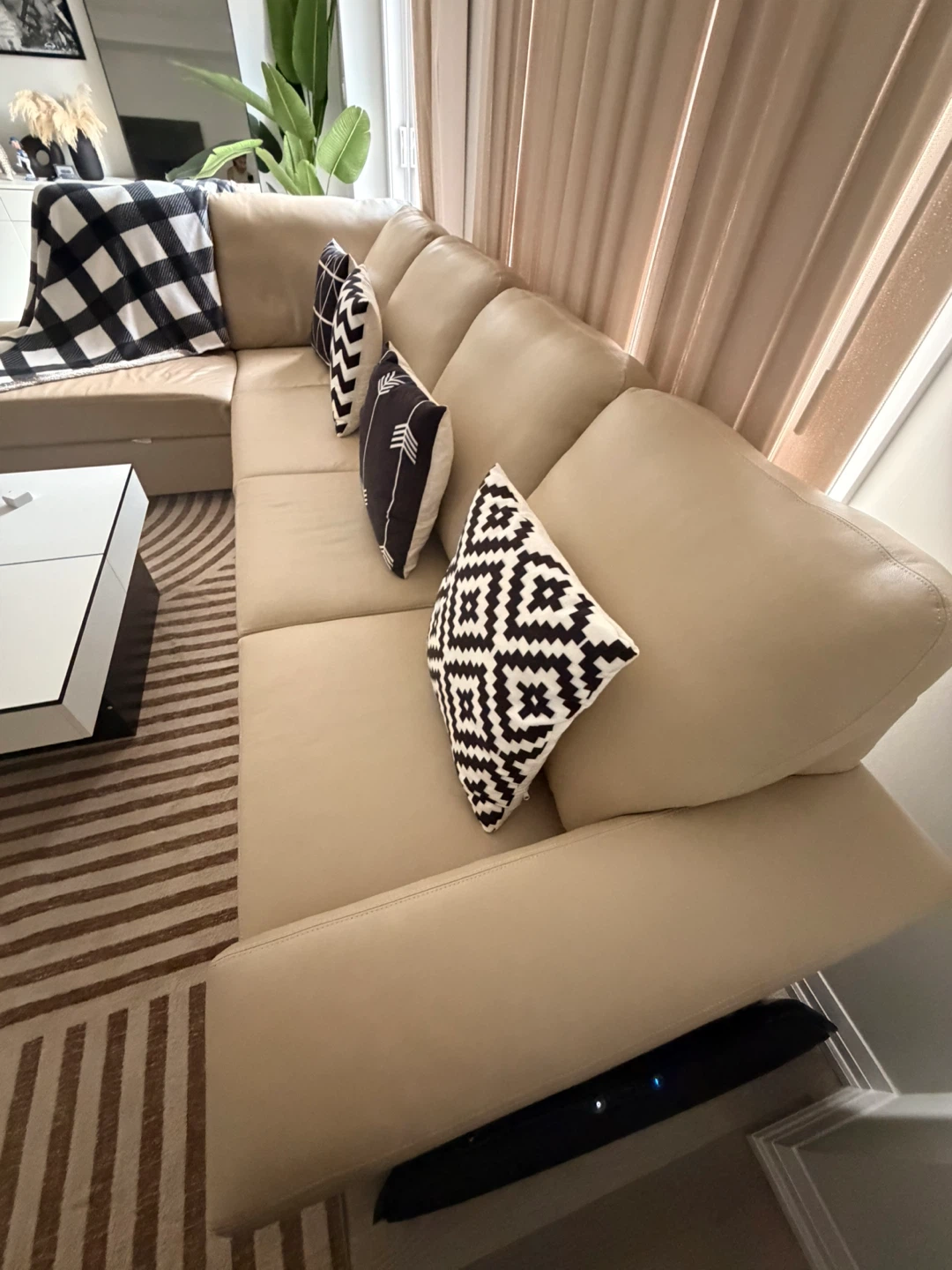 Almost Brand new - Beige Leather Sectional Sofa with Chaise