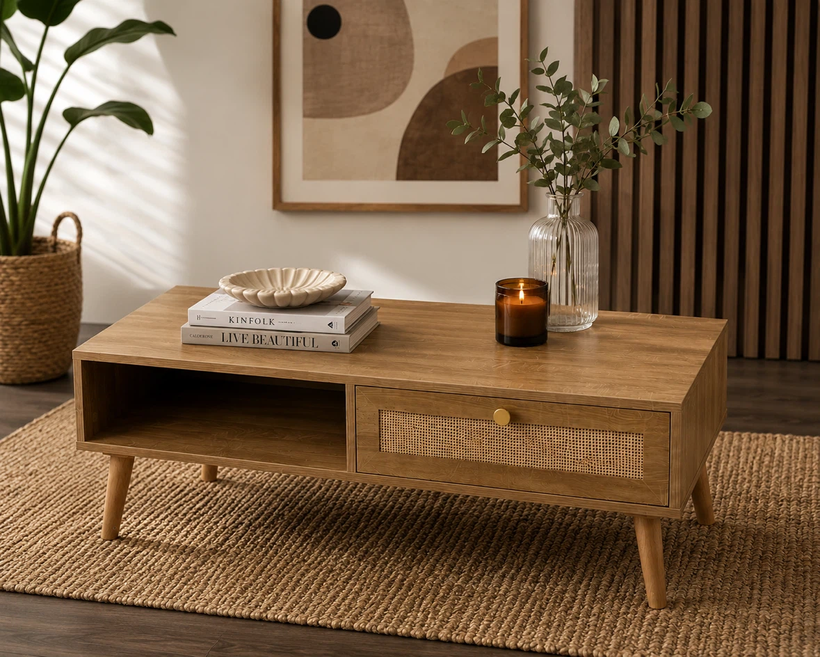 Wooden Coffee Table with Drawer and Shelf