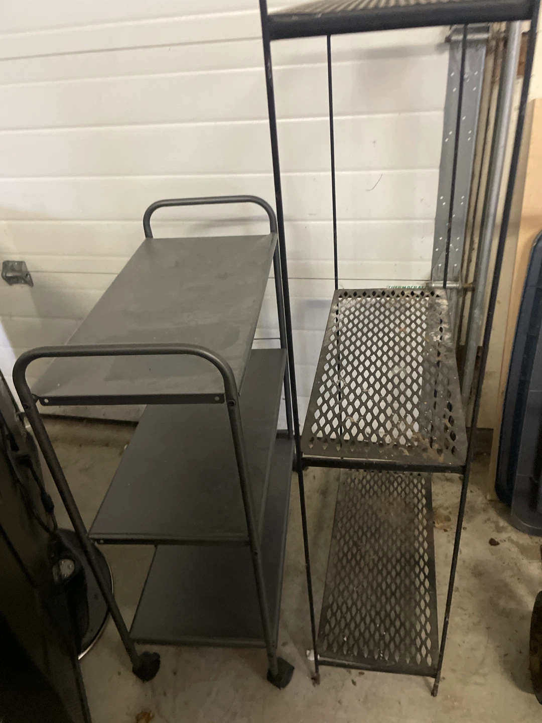 Grey metal tiered shelving unit