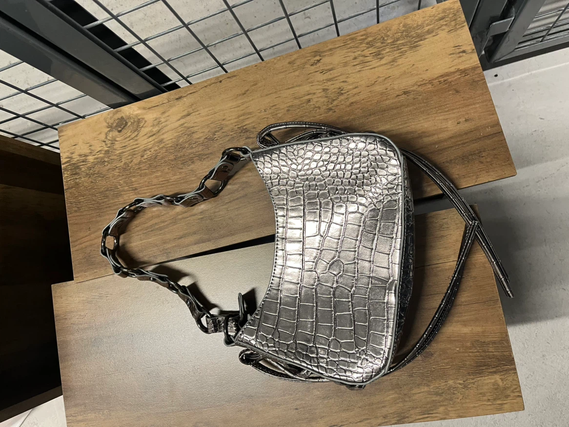Silver Croc Embossed Shoulder Bag