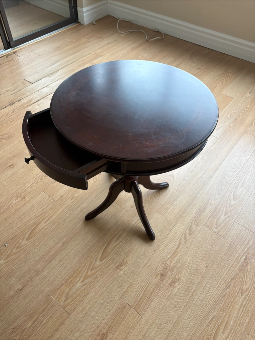 Free delivery used Round wooden end table with drawer - photo 5
