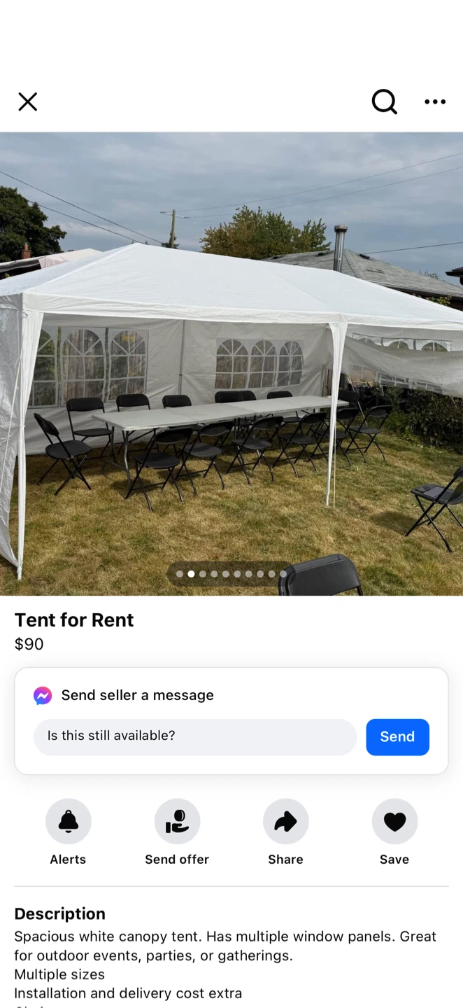 10x20° Canopy Tent Frame with 3 Side Covers - $75