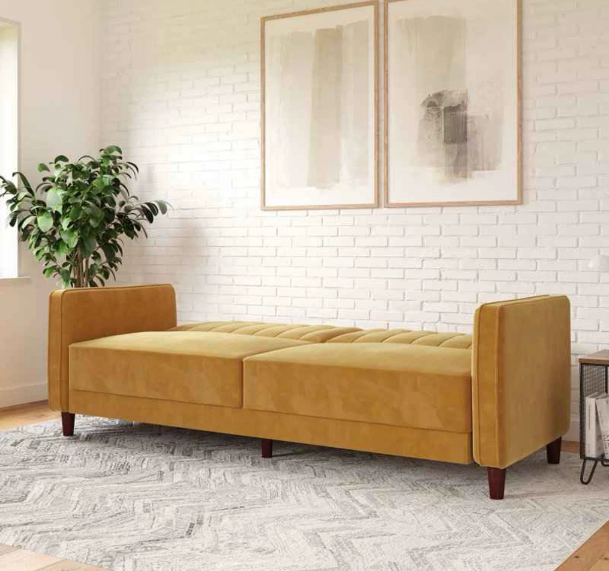 Mustard Yellow Velvet Convertible Sofa Couch 81.5" - photo 3