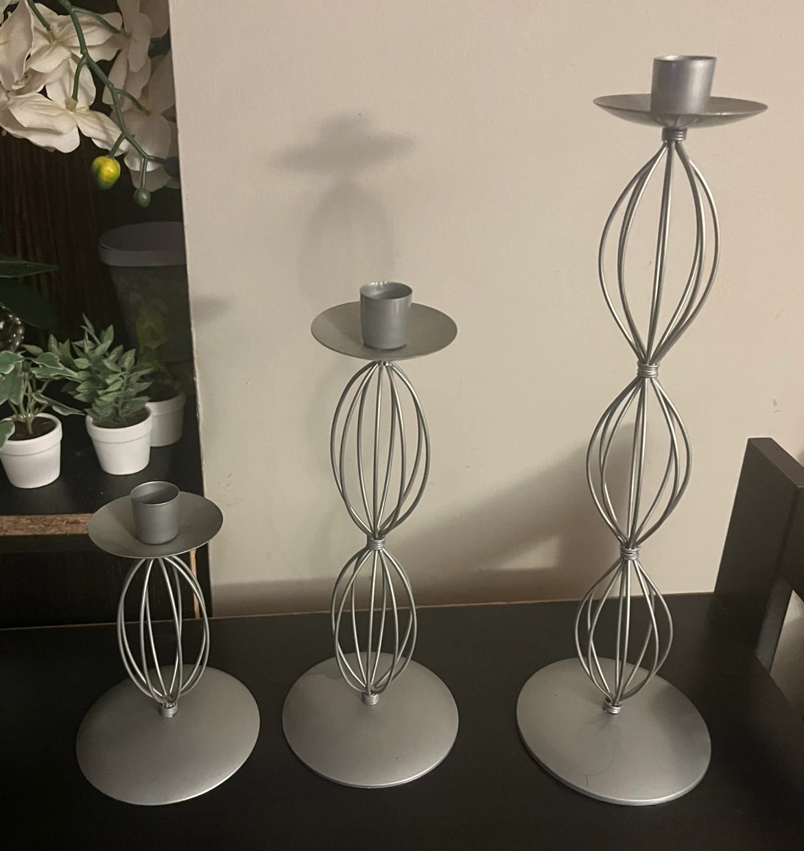 Silver metal wire candlestick holders set of 3